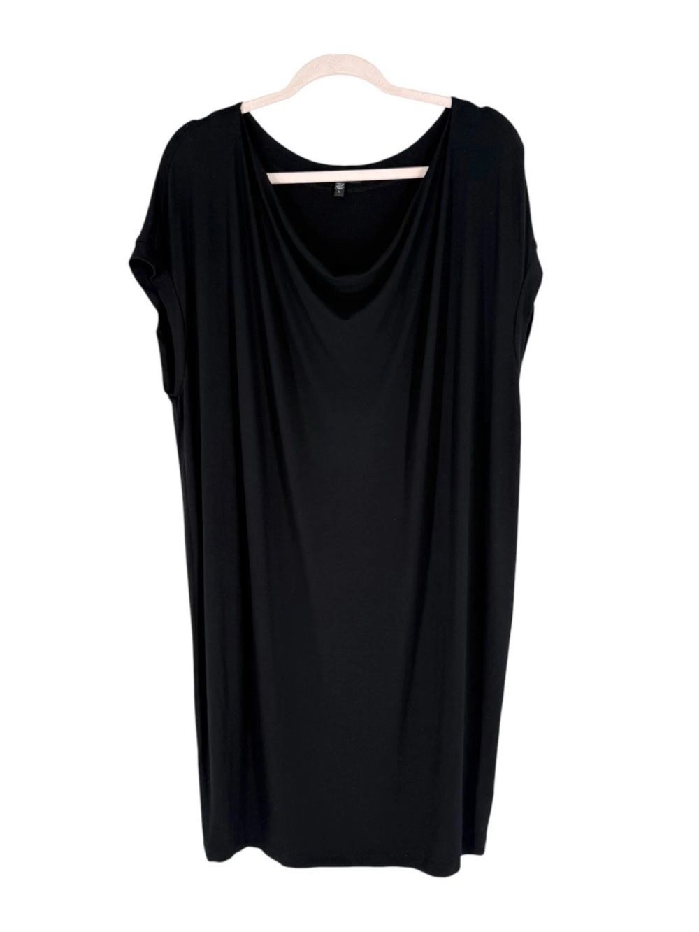 Eileen Fisher Wedge Tunic Dress Womens Size Large Black Jersey Drape Neck